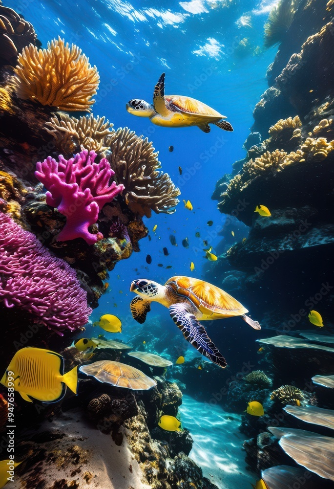 Fototapeta premium vibrant underwater scenes showcasing diverse marine ecosystems colorful coral exotic lush aquatic flora, reefs, fish, ocean, biodiversity, sea, life, habitat