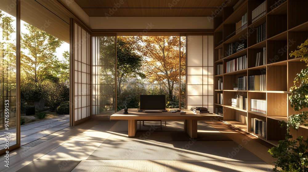 Obraz premium 秋の朝光に包まれる日本の書斎
