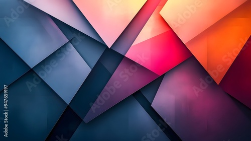 An abstract background featuring overlapping triangular shapes in various sizes and colors, creating a dynamic composition. The design is sleek and modern, with sharp angles and clean lines. photo