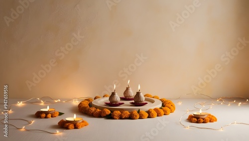 Traditional diwali decoration with clay lamps and marigold blooms with soft backdrop photo