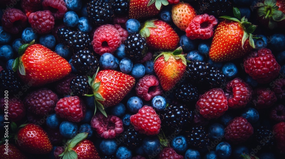 Assorted Fresh Berries: Strawberries, Raspberries, Blueberries and Blackberries. Berry background