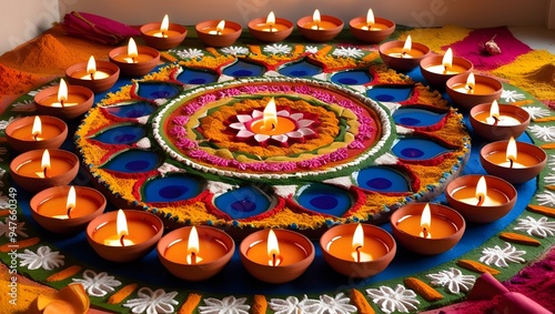 Traditional decorative clay diyas on colorful rangoli for diwali photo