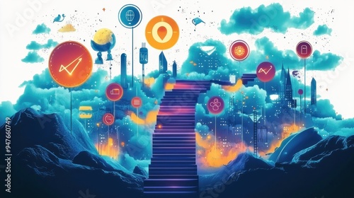 A futuristic cityscape showing a global network of technology and business connectionsGraphic depicting the journey of a small business from concept to reality, highlighting key milestones and challen photo