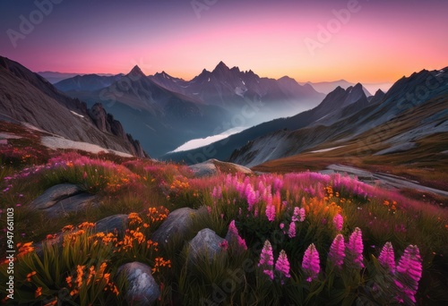 majestic mountain peaks illuminated soft glow dawn showcasing natural beauty tranquility early morning landscapes, adventure, adventurephotography photo