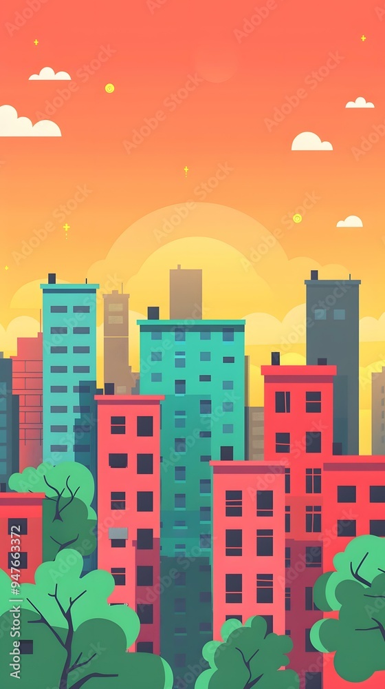 Fototapeta premium Cityscape Sunset Illustration with Tall Buildings and Green Trees