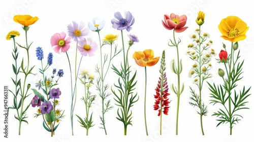 Different beautiful flowers isolated on white, set