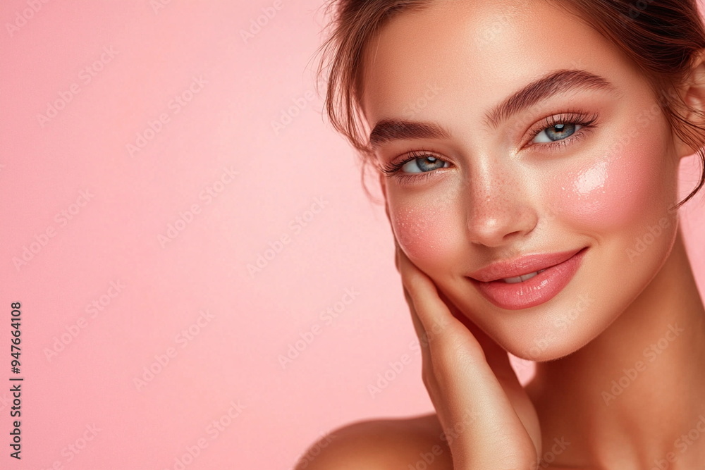 Fototapeta premium Skincare and beauty portrait. A Caucasian woman with beautiful face touching healthy facial skin. Young adult smiling girl model with natural makeup touching glowing hydrated skin on pink background.