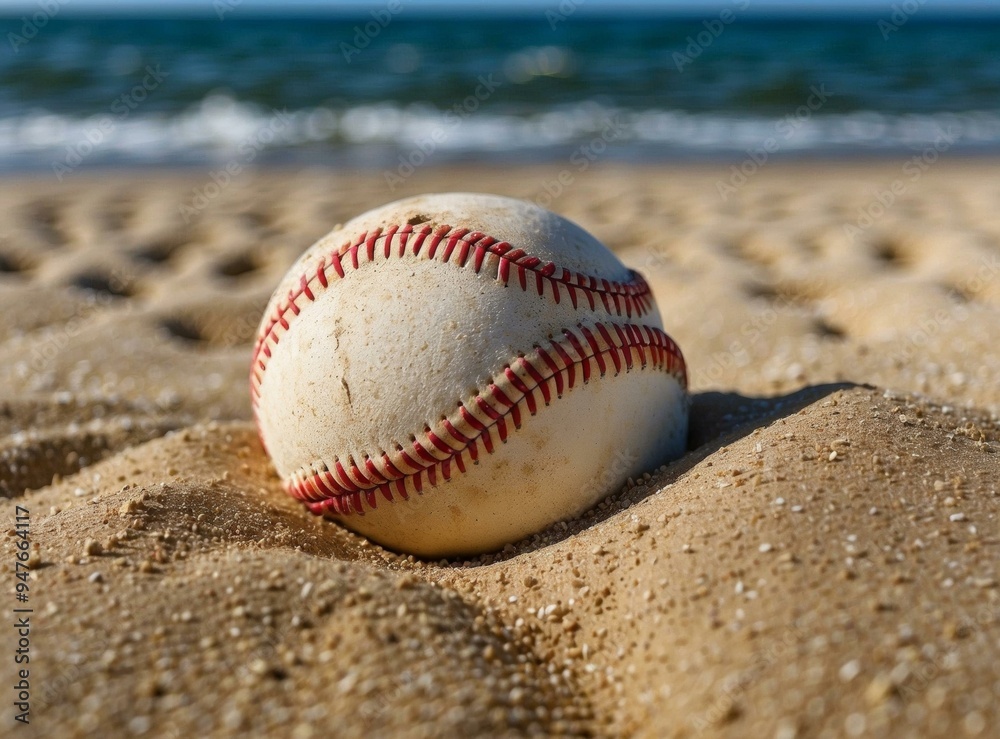 A baseball resting in the sand. AI. A baseball resting in the sand. AI.
