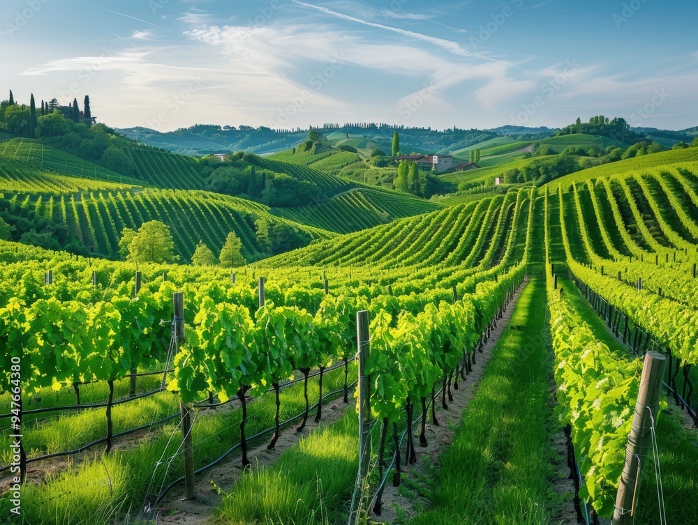 Fototapeta premium Rolling hills covered in lush vineyards. AI.