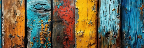 Rustic Vintage Wood Plank Background: Grunge Texture with Colorful Stains and Knots