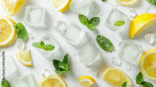 Background with crushed ice cubes and mint and lemon, top view photo