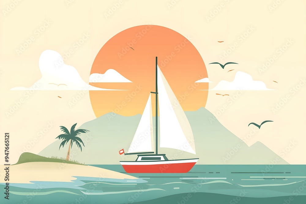 Naklejka premium Sunset Sailboat on Ocean with Palm Tree