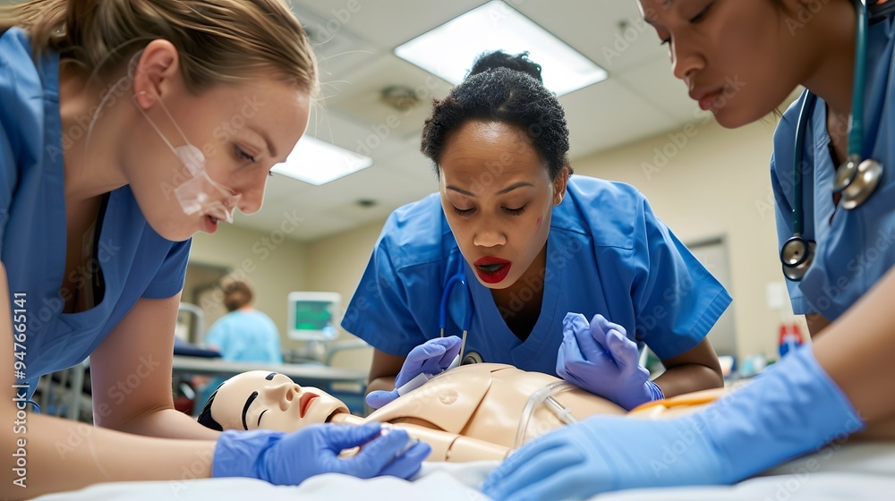 Healthcare workers performing CPR on dummy