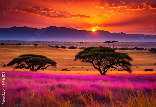 expansive savanna landscape under vivid sunset rich hues purple glowing across sky illuminating grasslands, vibrant, orange, pink, nature, scenery, colors