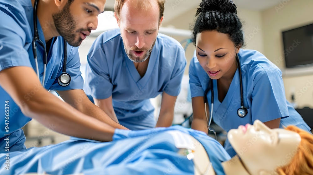 Healthcare workers performing CPR on dummy Healthcare workers performing CPR on dummy