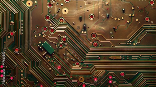 High-Resolution Close-Up of Circuit Board with Green Traces and Red Components for Technology and Electronics photo