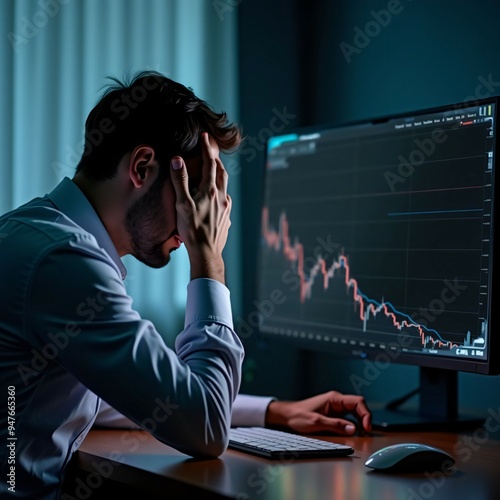 Businessman Staring at Stock Market Graph on Screen with Hands on Head, Ai generated Images