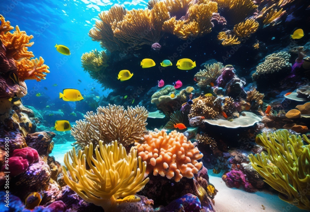Fototapeta premium stunning close vibrant underwater coral reef showcasing colorful marine life intricate details, ocean, aquatic, habitat, sea, fish, diversity, environment, ecosystem
