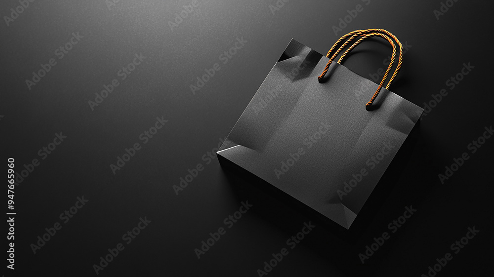 Top view of a black paper bag on a black background, flat vector style, perfect for Black Friday invitation designs. Top view of a black paper bag on a black background, flat vector style, perfect for Black Friday invitation designs.