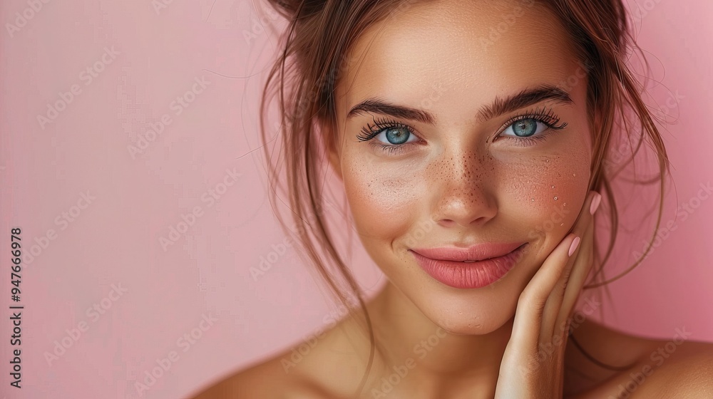 Portrait of beautiful woman. Happy model touching face after facial laser aesthetics, chemical peel and clean dermatology Portrait of beautiful woman. Happy model touching face after facial laser aesthetics, chemical peel and clean dermatology