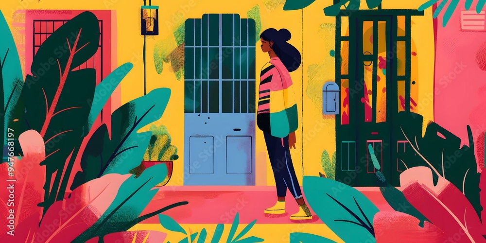 Colorful Illustration of a Person Standing in Front of a Door Colorful Illustration of a Person Standing in Front of a Door