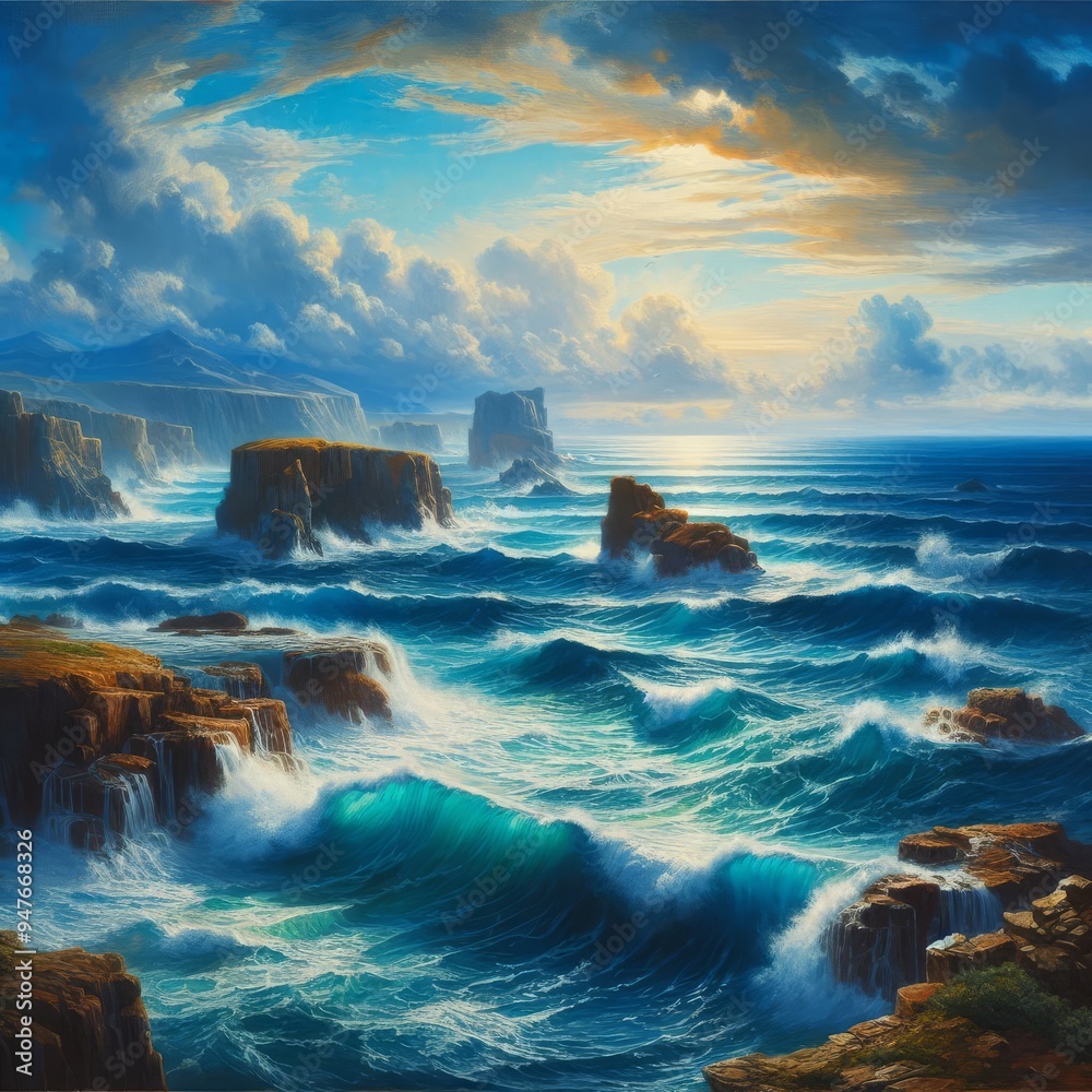 A painting of a ocean with a blue sky and the ocean in the background
A painting of a ocean with a blue sky and the ocean in the background