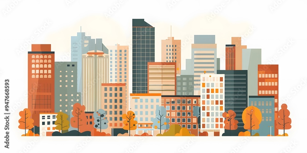 Cityscape with Colorful Buildings and Autumn Trees Cityscape with Colorful Buildings and Autumn Trees