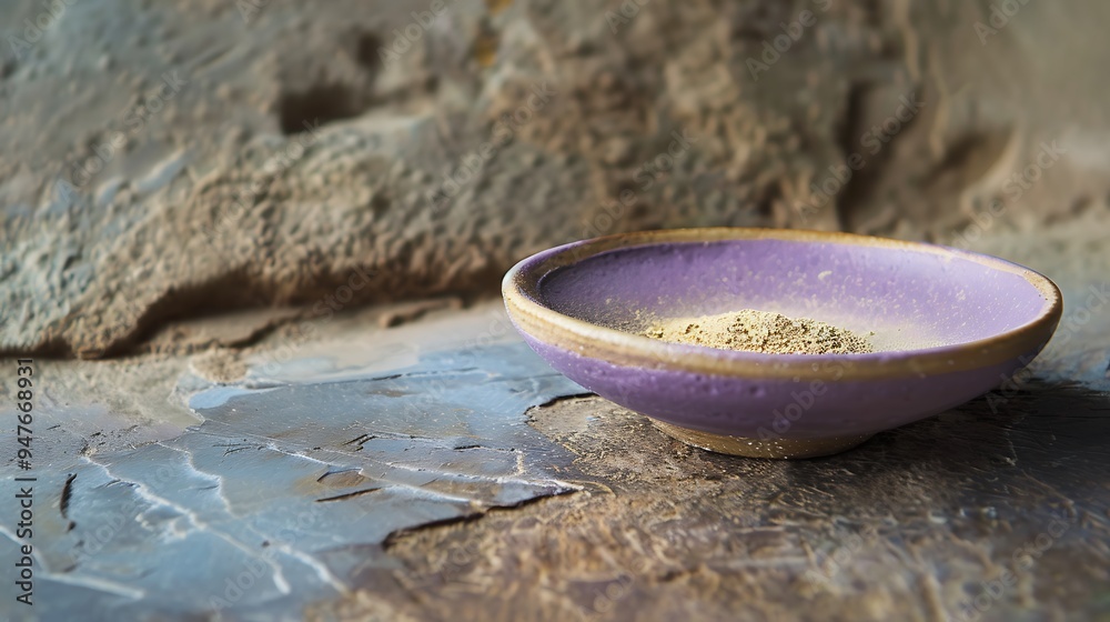 A little violet ceramic dish with a pale yellow powder within on a surface made of brown stone
