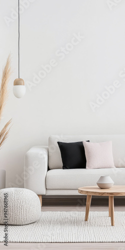 Minimalist living room interiors with a sofa, a rug and elegant decor next to a large window. Residential Real Estate interior design in soft tones.