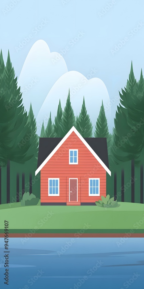 Red Cabin House in the Forest by the Lake Red Cabin House in the Forest by the Lake