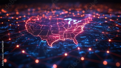 Vibrant animation of the American flag over a digital map of the U.S