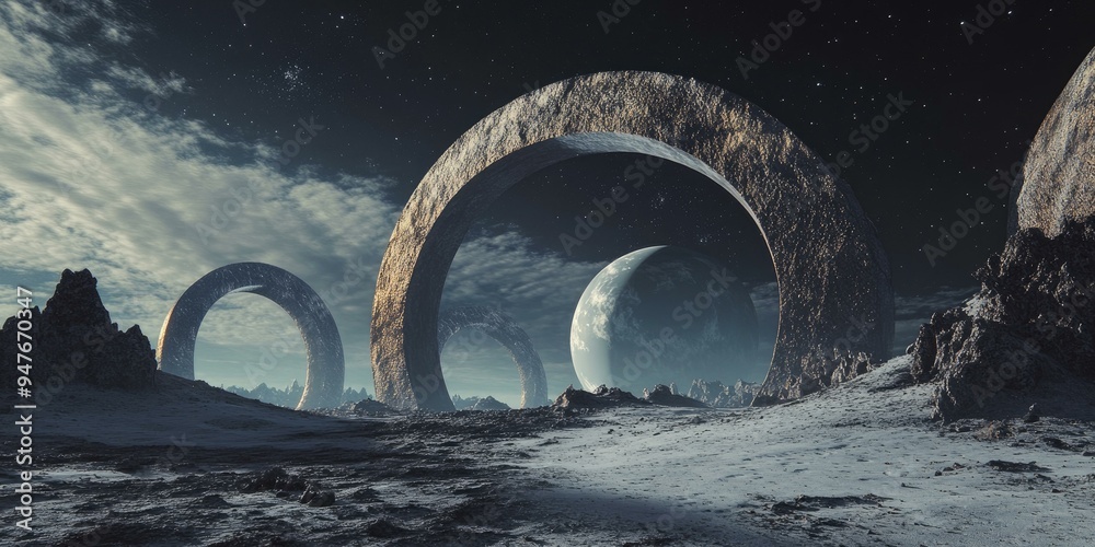 Fototapeta premium Alien landscape with archways and a planet.