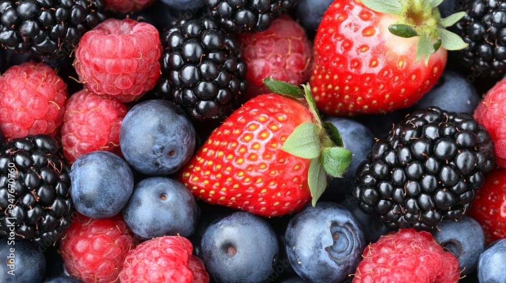 Vibrant Mix of Fresh Berries: Strawberries, Blueberries, Raspberries, and Blackberries. Background Vibrant Mix of Fresh Berries: Strawberries, Blueberries, Raspberries, and Blackberries. Background