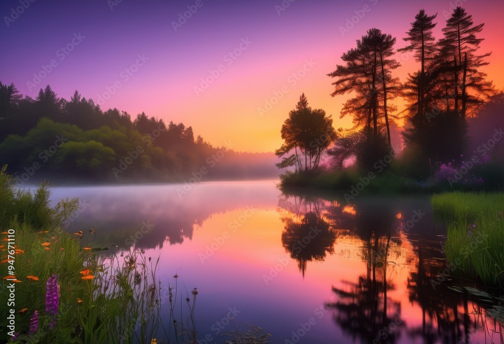Obraz premium vibrant sunrise colors reflected calm lake surrounded tranquility, reflection, nature, water, sky, clouds, landscape, beauty, scenery, dawn, light, view