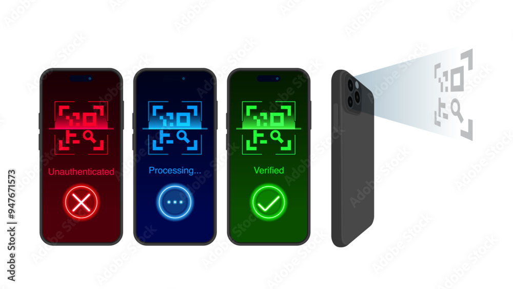 Smartphone and Smart Device QR Code Scanning: Verify, Authenticate, and Process with On-Screen Indicators. Vector. Smartphone and Smart Device QR Code Scanning: Verify, Authenticate, and Process with On-Screen Indicators. Vector.