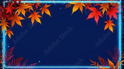 abstract colorful billboard Autumn leaves frame neon sign, motion