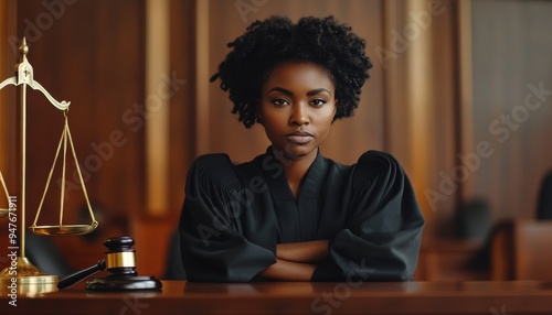 Serious black female lawyer in black robe at judiciary hall with scales and gavel nearby