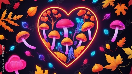 Autumn harvest neon sign Heart shaped bunch of fall leaves, mushrooms and acorns, motion