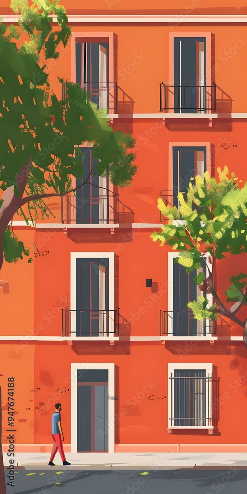 Naklejka premium Orange Building with Balconies and a Man Walking