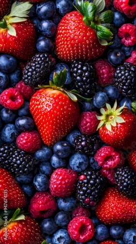 Vibrant Mix of Fresh Berries: Strawberries, Blueberries, Raspberries, and Blackberries. Background