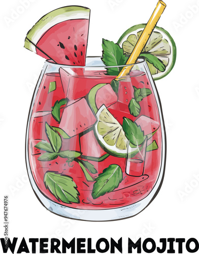 Vector sketch of a Watermelon Mojito cocktail – detailed illustration of the refreshing drink with mint and lime, isolated for bar menus and promotional use