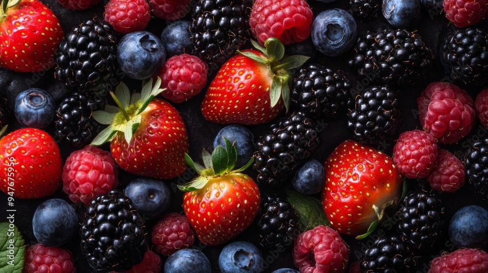 Colorful Background of Fresh Berries: Strawberries, Blueberries, Raspberries, and Blackberries Colorful Background of Fresh Berries: Strawberries, Blueberries, Raspberries, and Blackberries