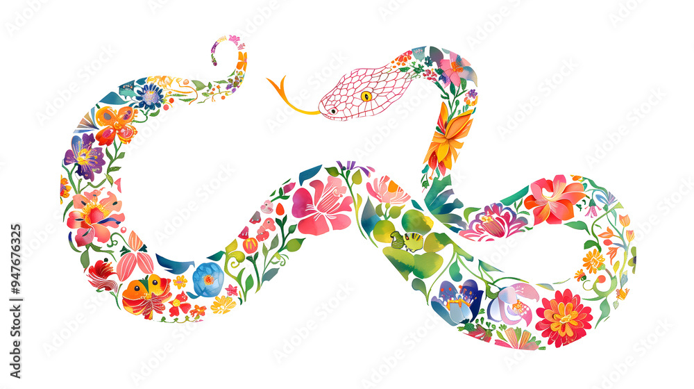 White snake with floral body drawing. Isolated clipart White snake with floral body drawing. Isolated clipart