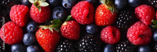 Colorful Background of Fresh Berries: Strawberries, Blueberries, Raspberries, and Blackberries