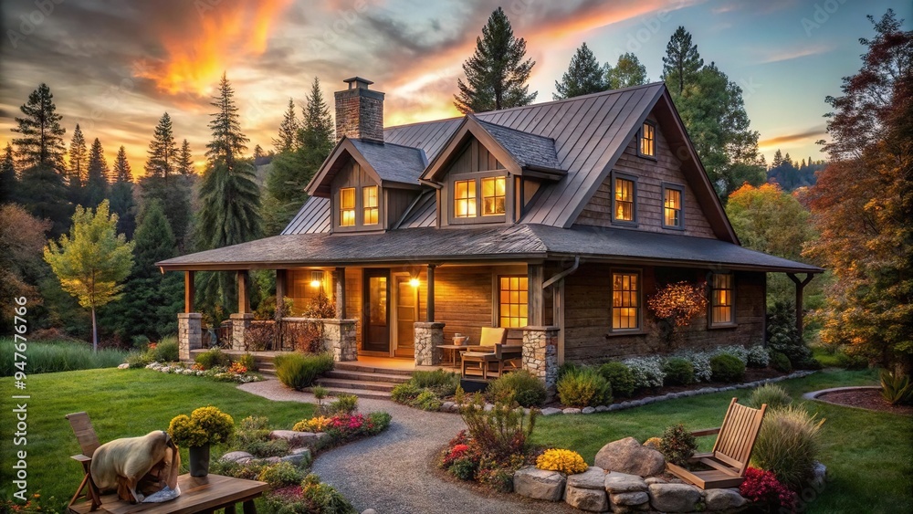 Obraz premium Warm and inviting farmhouse home featuring rustic wood tones, plush textiles, and soft lighting creates a cozy ambiance perfect for relaxation and gathering with loved ones.