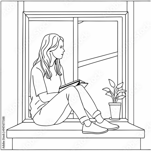 A contemplative figure of a woman peacefully reading on a windowsill with a potted plant on a serene background with space to copy