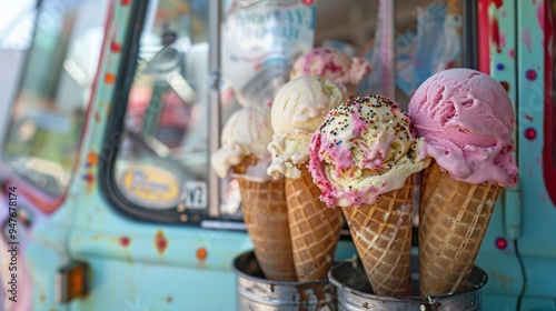 A variety of ice cream flavors displayed in a vintage ice cream truck