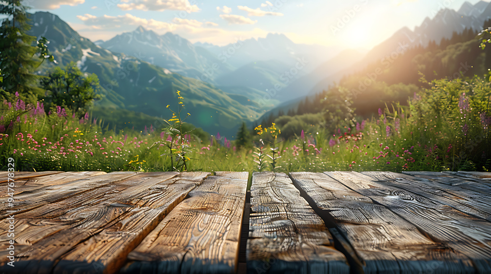 A wooden table for displaying merchandise with a beautiful view behind it.