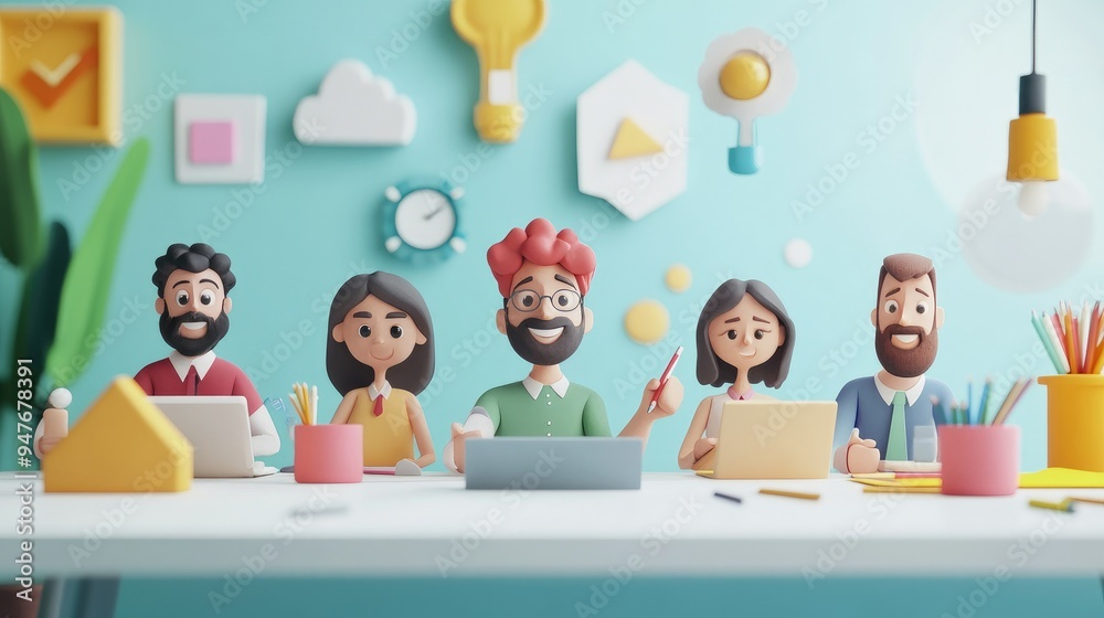 Creative 3D cartoon scene of a working team, showing diverse characters engaged in various business activities, symbolizing teamwork and productivity. Creative 3D cartoon scene of a working team, showing diverse characters engaged in various business activities, symbolizing teamwork and productivity.