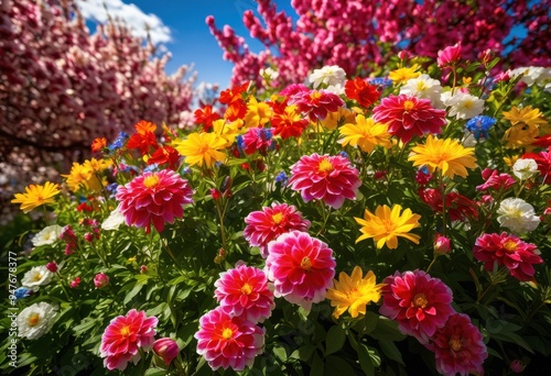 colorful flower blossoms under clear blue sky creating lively spring landscape bright hues natural beauty, bloom, petal, garden, nature, vibrant, fresh, outdoor